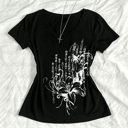 Women's Tee Shirt Summer Gothic Print T-Shirt Short Sleeve Slim Fit Graphic Tops 2000s Grunge E-girls Korean Style Streetwear