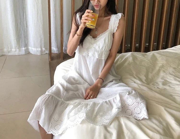 Summer Womens Princess Dress White Sleeveless Sleepshirts Vintage Lady Girls Nightgowns Nightdress Royal Style Pajamas Sleepwear