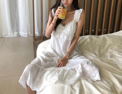 Summer Womens Princess Dress White Sleeveless Sleepshirts Vintage Lady Girls Nightgowns Nightdress Royal Style Pajamas Sleepwear