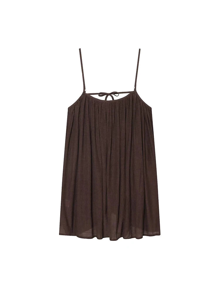 TFMLN Women Round Neck Pleated Sling Dresses Summer New Sleeveless Loose Fit Backless Solid Dress Fashion Holiday Casual Clothes