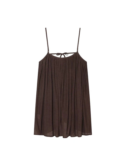 TFMLN Women Round Neck Pleated Sling Dresses Summer New Sleeveless Loose Fit Backless Solid Dress Fashion Holiday Casual Clothes