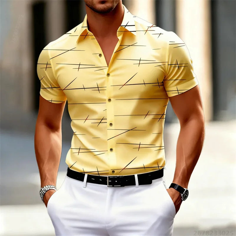 18 Colors 2026 New Men's Fashion Geometric Line Print Short-sleeved Shirt Urban Casual Style Slim Lapel Shirt Comfortable Fabric