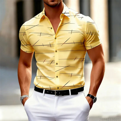 18 Colors 2026 New Men's Fashion Geometric Line Print Short-sleeved Shirt Urban Casual Style Slim Lapel Shirt Comfortable Fabric