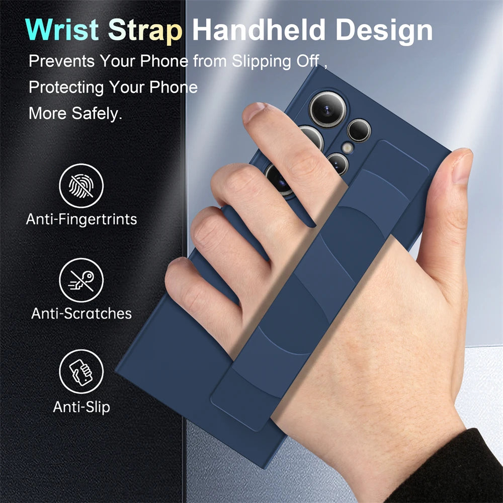 Handheld Silicone Elastic Wrist Strap Hard PC Phone Case Samsung Galaxy S26 S25 S24 S23 Ultra Plus A54 5G Matte Shockproof Cover