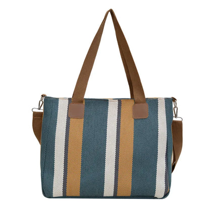 Striped Canvas Tote - Women's Crossbody Shoulder Bag With Zipper Closure, Versatile Daily Use