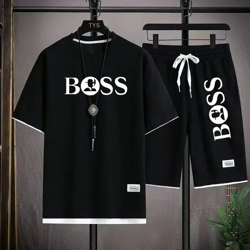 Fashion men's casual sports set new 2025 summer outdoor breathable round neck men short sleeve T-shirt + shorts two sets