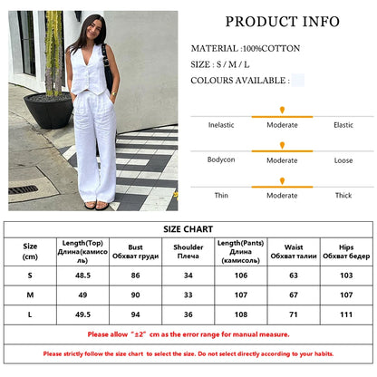 Clacive Summer White Linen Two Piece Set For Women 2023 Fashion Sleeveless Tank Top New In Matching High Waist Wide Pants Set