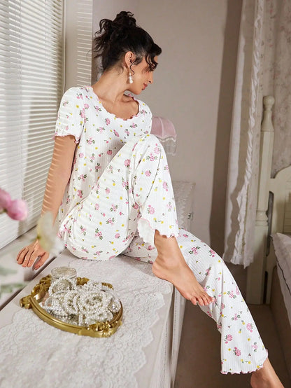 New European and American style loose-fitting women's pajamas, floral short-sleeved long pants home wear, casual two-piece set s
