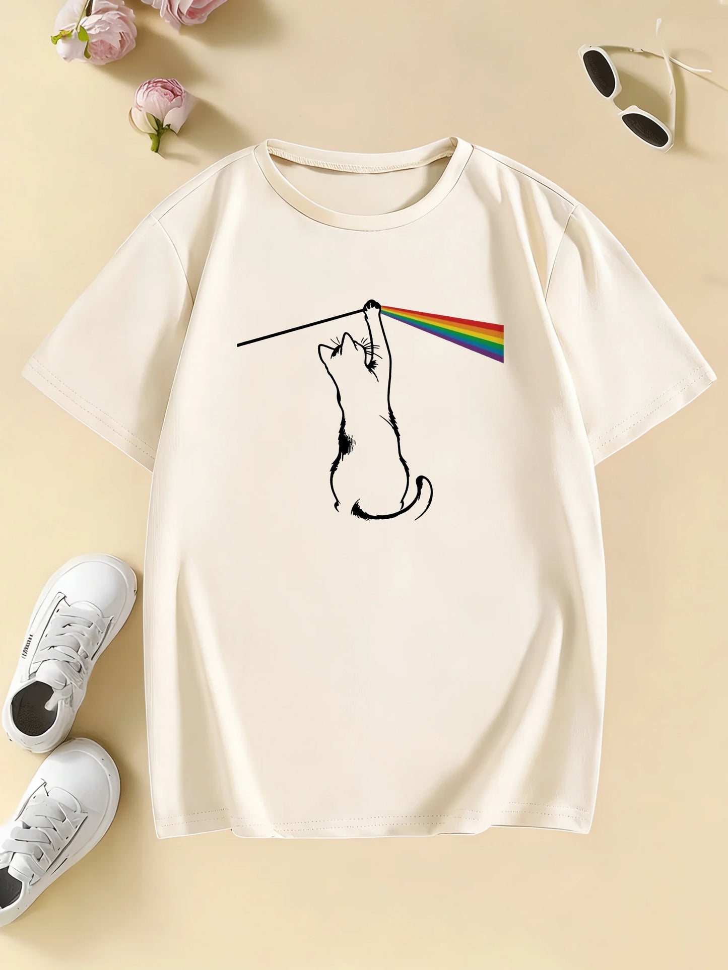Fashion Rainbow Cat Design Printed T Shirts Kids Children's T-shirt Boys Girls Summer Spring Casual Top Tee