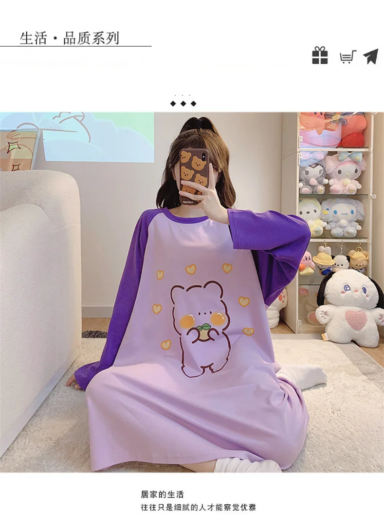 New Spring Summer Cotton Women's Pajamas Cute Long-sleeved Nightdress Cartoon Print Dress Home Service