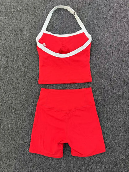 Fashion Patchwork Skinny Shorts Set Gym Women Workout Clothing Summer Sleeveless Backless Fitness Sport Suit Women Sportwear Red