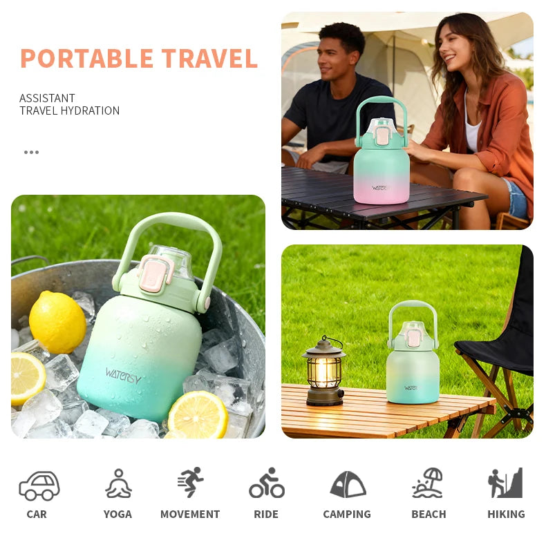 WATERSY 800ml Stainless Steel Water Bottle Double Wall Vacuum Insulated Thermal Cup with Straw & Handle, for Travel Gym Office