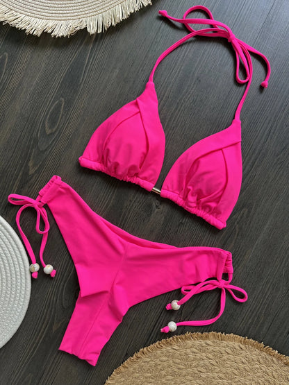 Triangle Bathing Suit - Brazilian Bikinis Halter Swimwear With Metal Chain Beach Bikini Set
