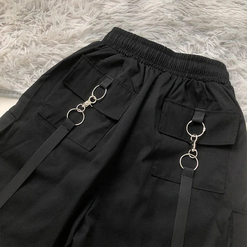 Summer Cargo Shorts Women Y2K Harajuku Streetwear Hip Hop with Chain Shorts Bf High Waist Baggy Wide Leg Short Pants New