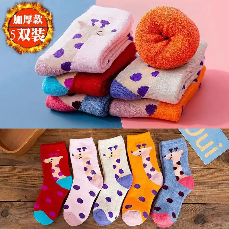 5 Pairs/Lot Kids Scoks Autumn Winter Kids Warm Thicken Cotton Socks Unisex Boys Girls Cute Cartoon Animal Socks