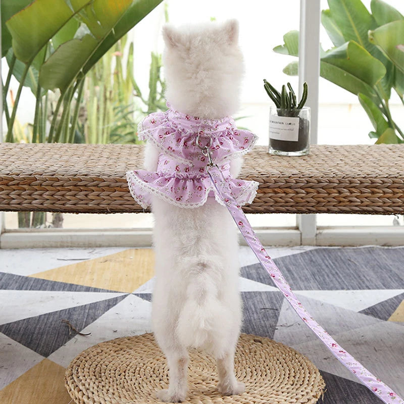 Lace Floral Dog Cat Harness Leash Set For Small Dogs Dress Cute Adjustable Pet Harness Vest Breathable Mesh Running Walking Lead