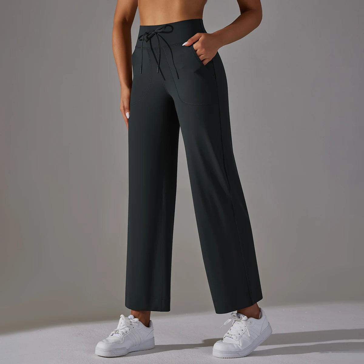 Women Leggings Wide Leg Flare Pants With Pockets Drawstring Sports Trousers High Waist Flared Yoga Leggings Fitness Running Jogg