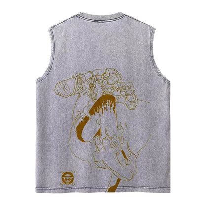 Harajuku Retro Sleeveless T-Shirts Streetwear Vintage Washed Anime One Piece Graphic Print Men Vest Tops Tees Retro Oversize