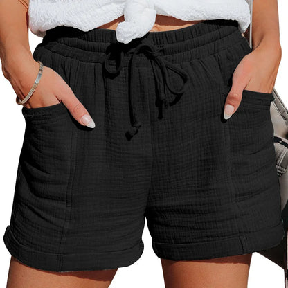 Summer Women's Shorts High-waist Fashion Casual Three-quarter Trousers Sports Tie Loose Versatile Comfortable Black Hot Pants