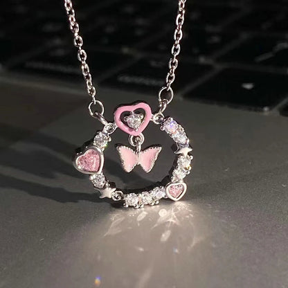 Fairy Elegant Pink Round Crystal Pendant Necklace Simple Design Korean Fashion Girls Women Star Clavicle Chain Jewelry Gifts