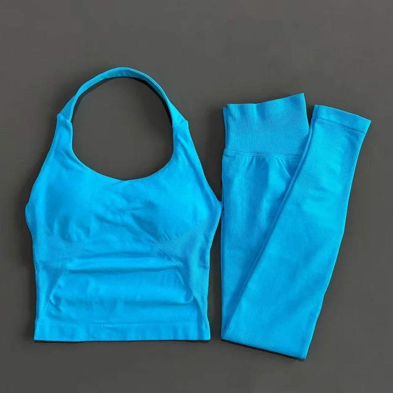 2 Piece Women Gym Set Seamless Halter Sports Top High Waist Leggings Tummy Control Squat Proof Yoga Fitness Activewear
