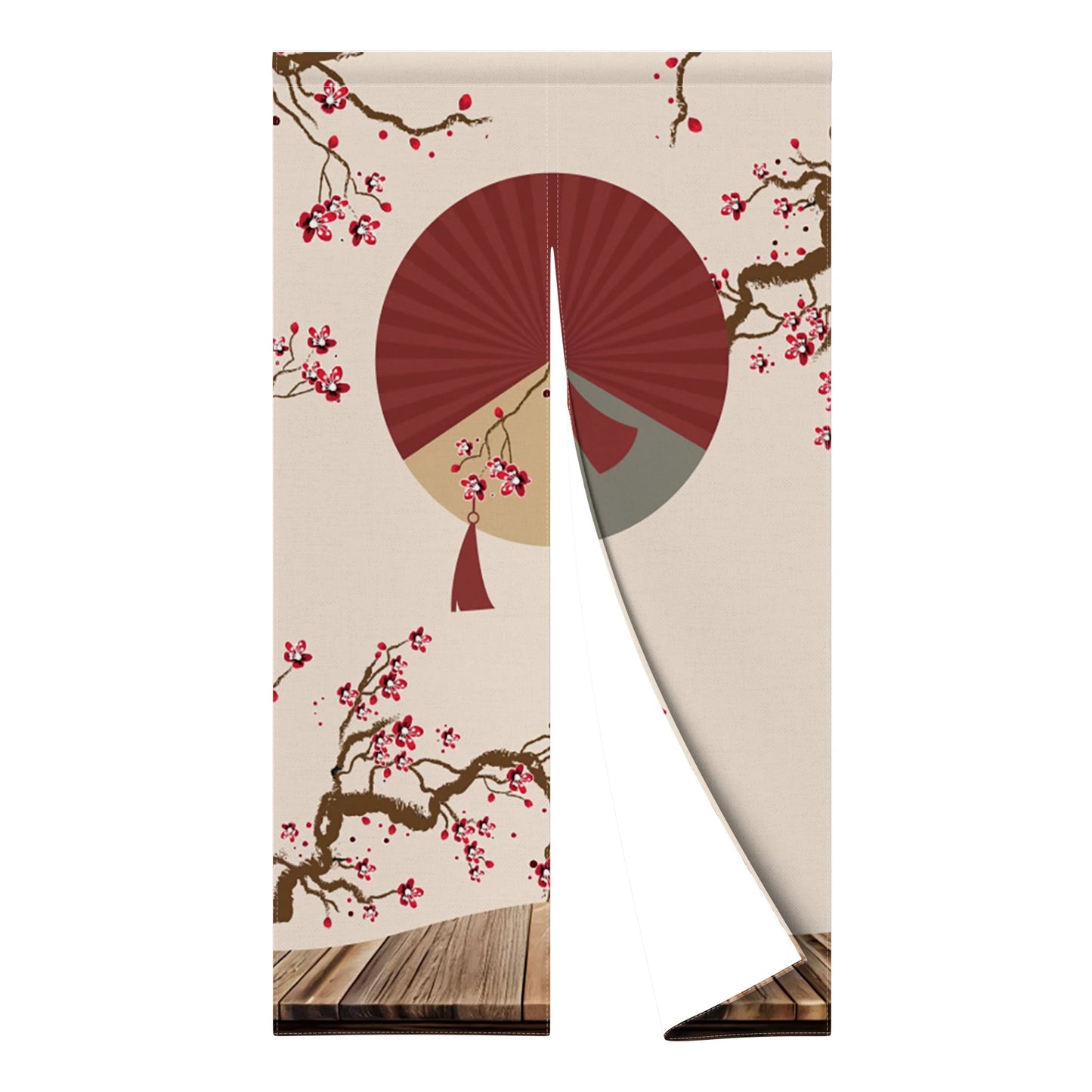 Japanese Door Curtain - Cherry Blossom Curtain With Kanagawa Wave Design | Linen Door Panel