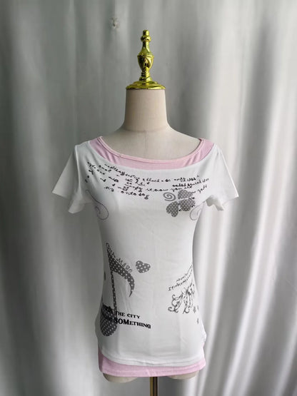 Kimutomo Women T Shirts Polka Dot Printed Short Sleeve Slim Grunge Gothic Y2k Aesthetic Harajuku Tops Ladies Fashion Casual Tee