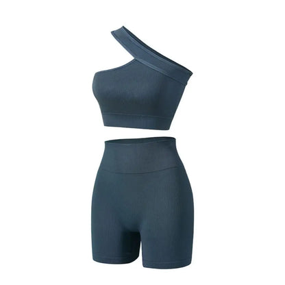 2Pcs Reusable Seamless Women Workout Sets High Waist One Shoulder Active Wear Ribbed Tank Tops Yoga Outfits Fitness