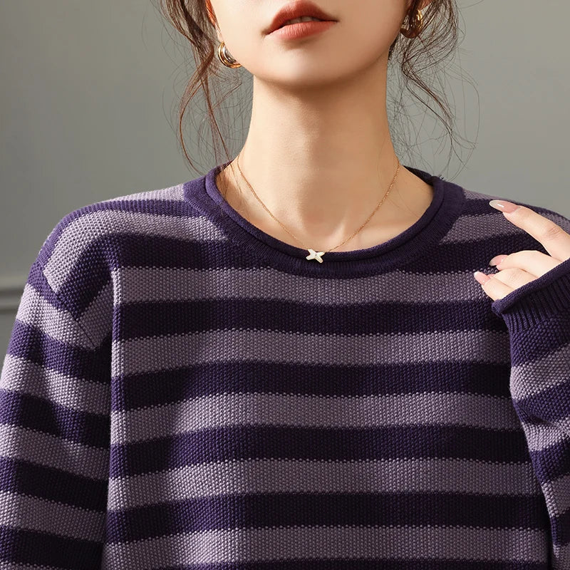 Fashion 100% pure cotton women's sweater autumn and winter casual striped knitted top loose Korean round neck women's pullover