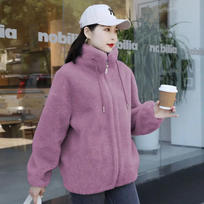 Women Winter Coat - Coral Fleece Jacket With Plush Stand Collar & Zipper Closure