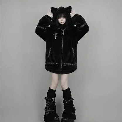 Vintage Punk Style Hoodie Long Sleeve Faux Fur Women Casual Zipper Hooded Gothic Y2K Subculture Harajuku Sweatshirts Autumn