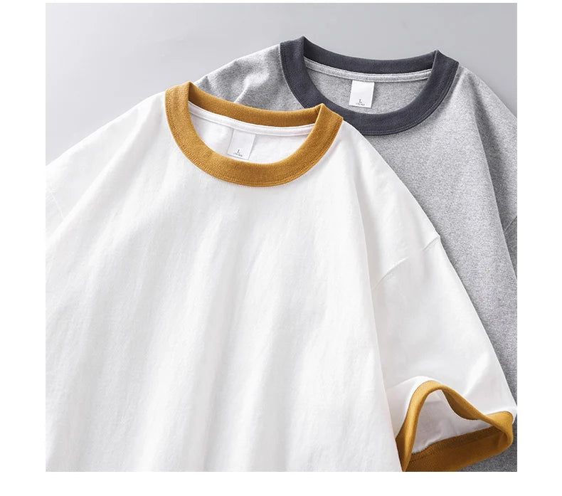 DUKEEN 320G Heavyweight Color-Blocked Patchwork Men's T-Shirt Summer 100% Cotton Solid Color Short Sleeve Basic Tops