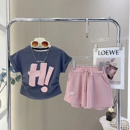 Girls Print Sets Summer Children Short-sleeved Suits Teenage Letter T-shirt+Shorts 2 Pcs Kids Clothing Tracksuit Outfits 3-12Y