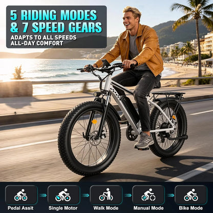 Electric Bike 1500W Peak Motor 30MPH 26x4'' Fat Tire E-Bike for Adults 48V/15Ah Battery 65 Miles Range Full Suspension 7-Speed Gears City Commuter
