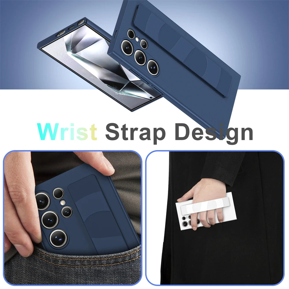 Handheld Silicone Elastic Wrist Strap Hard PC Phone Case Samsung Galaxy S26 S25 S24 S23 Ultra Plus A54 5G Matte Shockproof Cover