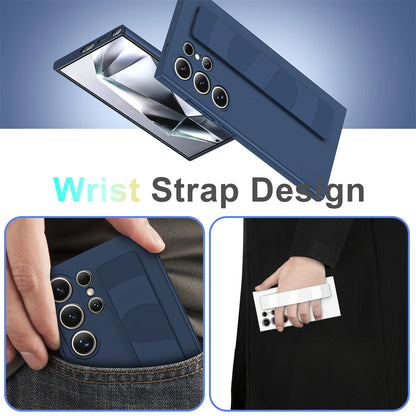 Handheld Silicone Elastic Wrist Strap Hard PC Phone Case Samsung Galaxy S26 S25 S24 S23 Ultra Plus A54 5G Matte Shockproof Cover
