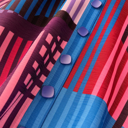 Miyake Pleated Drape Dress Women 2024 Spring Summer Colorblock Printing Lapel 3/4 Sleeve Single-breasted Fashion Shirt Dresses
