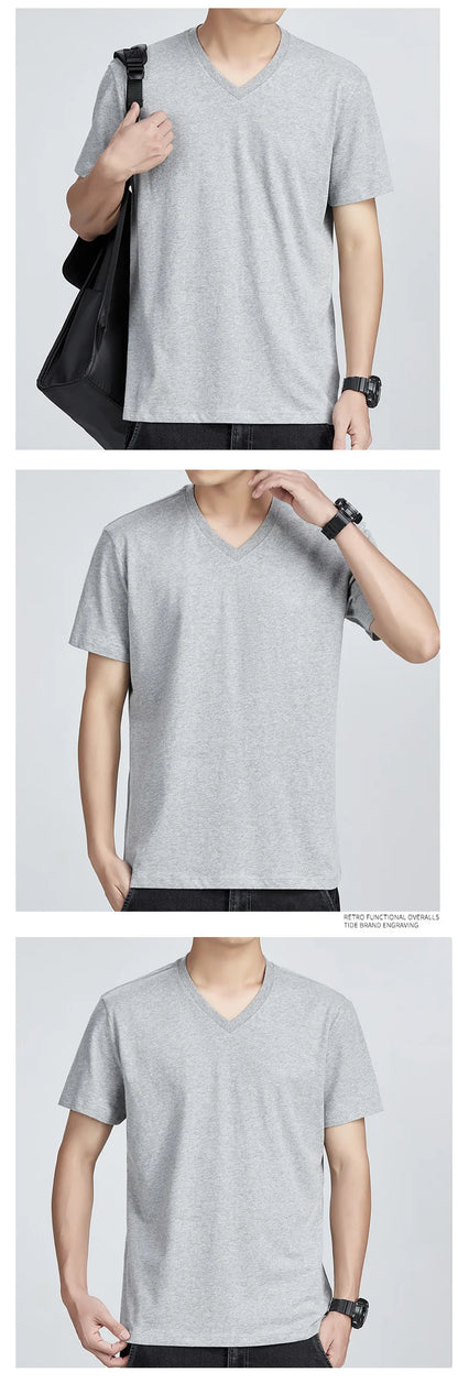 Men's Cotton T-Shirt - Comfortable Casual Loose Fit V-Neck Solid Color Tee