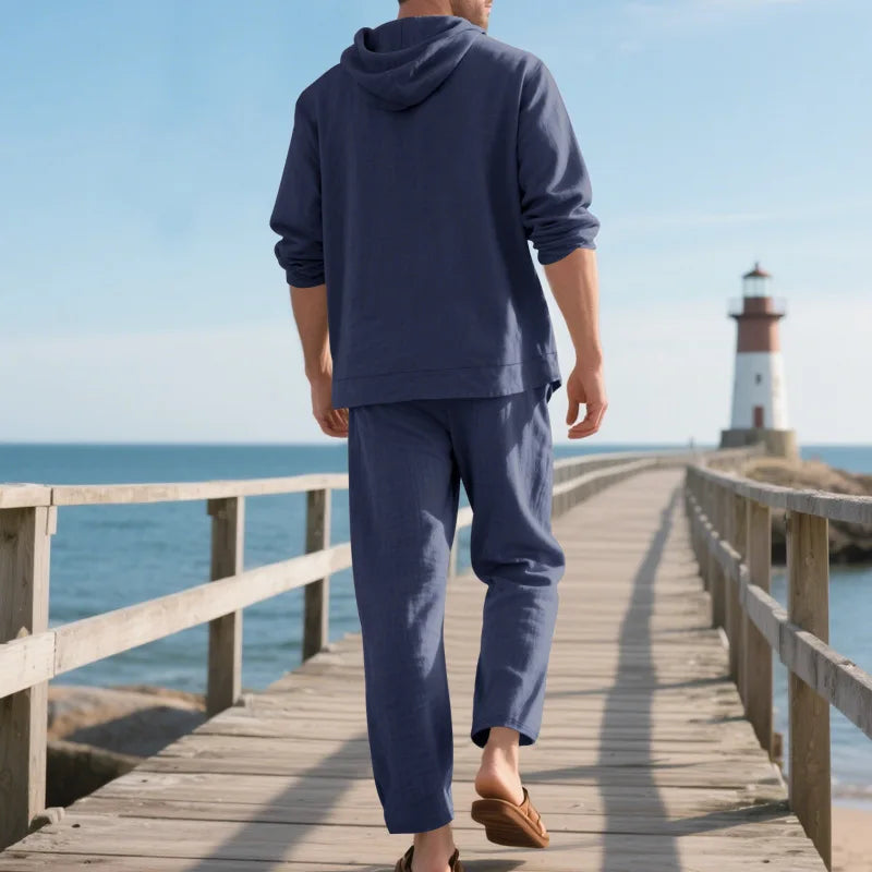 New Spring and Autumn Style Loose Men's Hoodie Set, Linen Material Beach Casual Two-Piece Suit