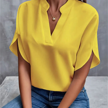 Women Elegant Solid V Neck Blouse Casual Short Sleeve Loose Shirt Summer Solid Tops Harajuku Office Ladt Chiffon Blouse 2026 New
