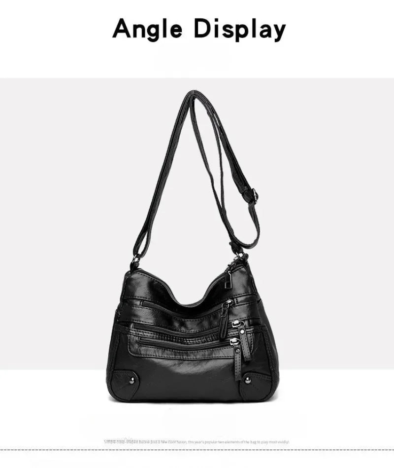 Soft Leather Shoulder Bag - Women's Crossbody Double Layered Large Capacity Tote