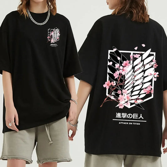 Anime Attack on Titan T-Shirt Ackerman Mikasa Eren Jaeger Cherry Blossom Graphics Logo T Shirt Clothes Men's Cotton T Shirts