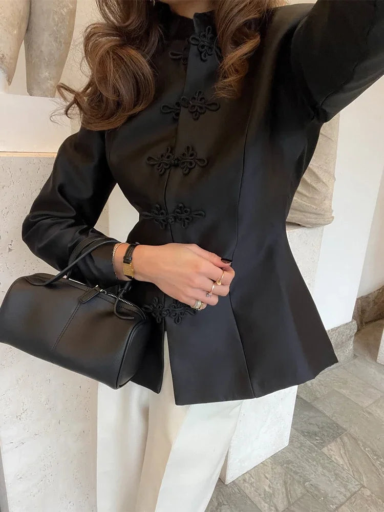 Elegant Satin Coat – Women's Satin Jacket With Cinched Waist & Button Closure