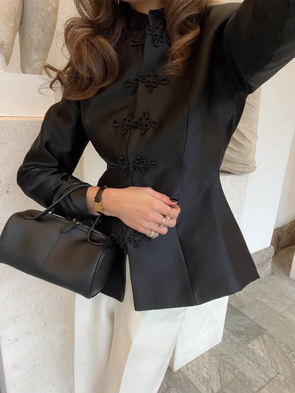 Elegant Satin Coat – Women's Satin Jacket With Cinched Waist & Button Closure