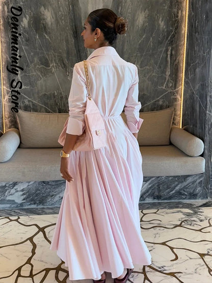 Women Summer Dress - Casual Striped Long Half Sleeve Slim Waist Mid-Calf Robe
