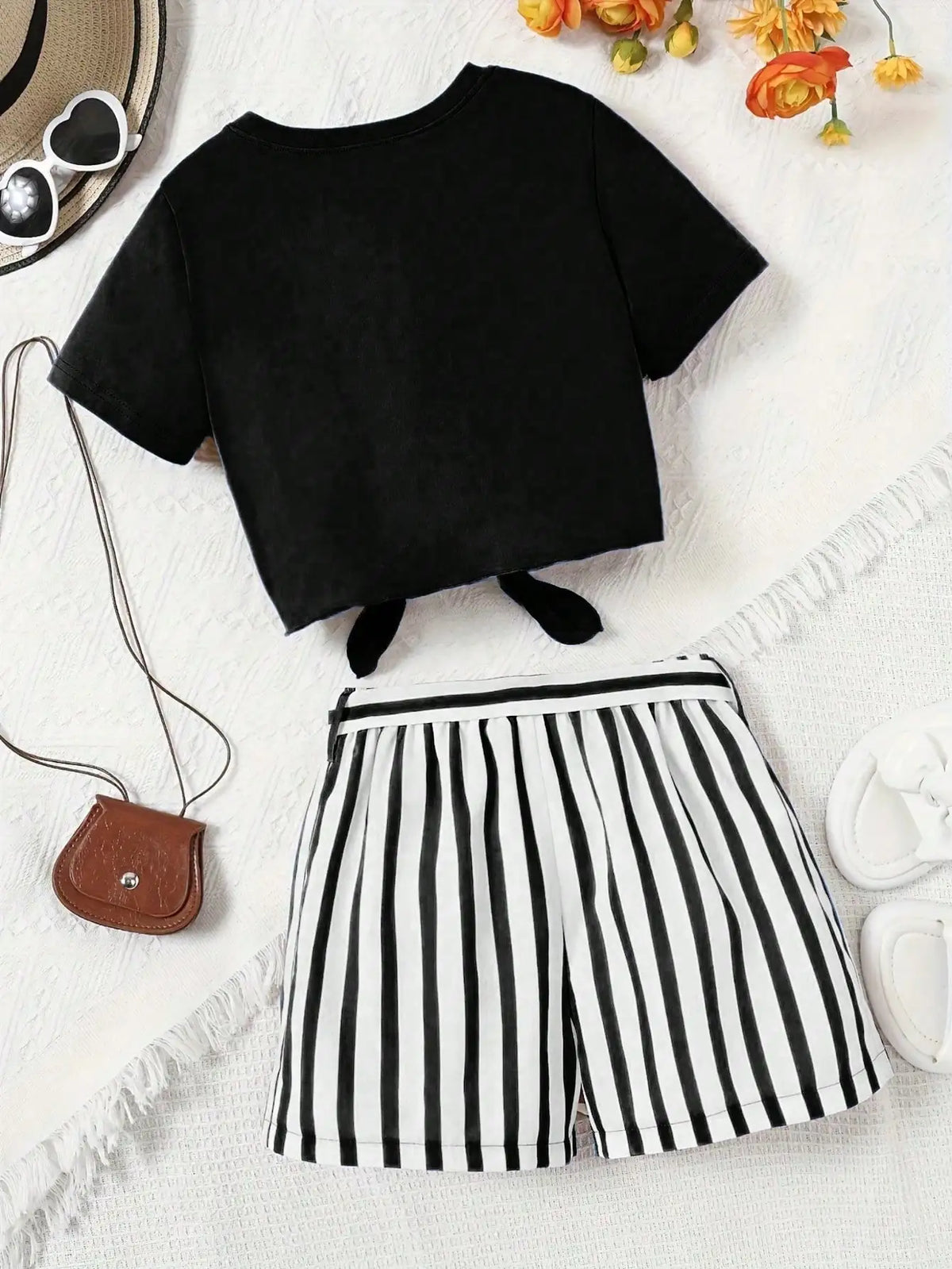Women's casual daily short sleeved love printed+striped printed shorts 2-piece set with random belt striped children's clothing