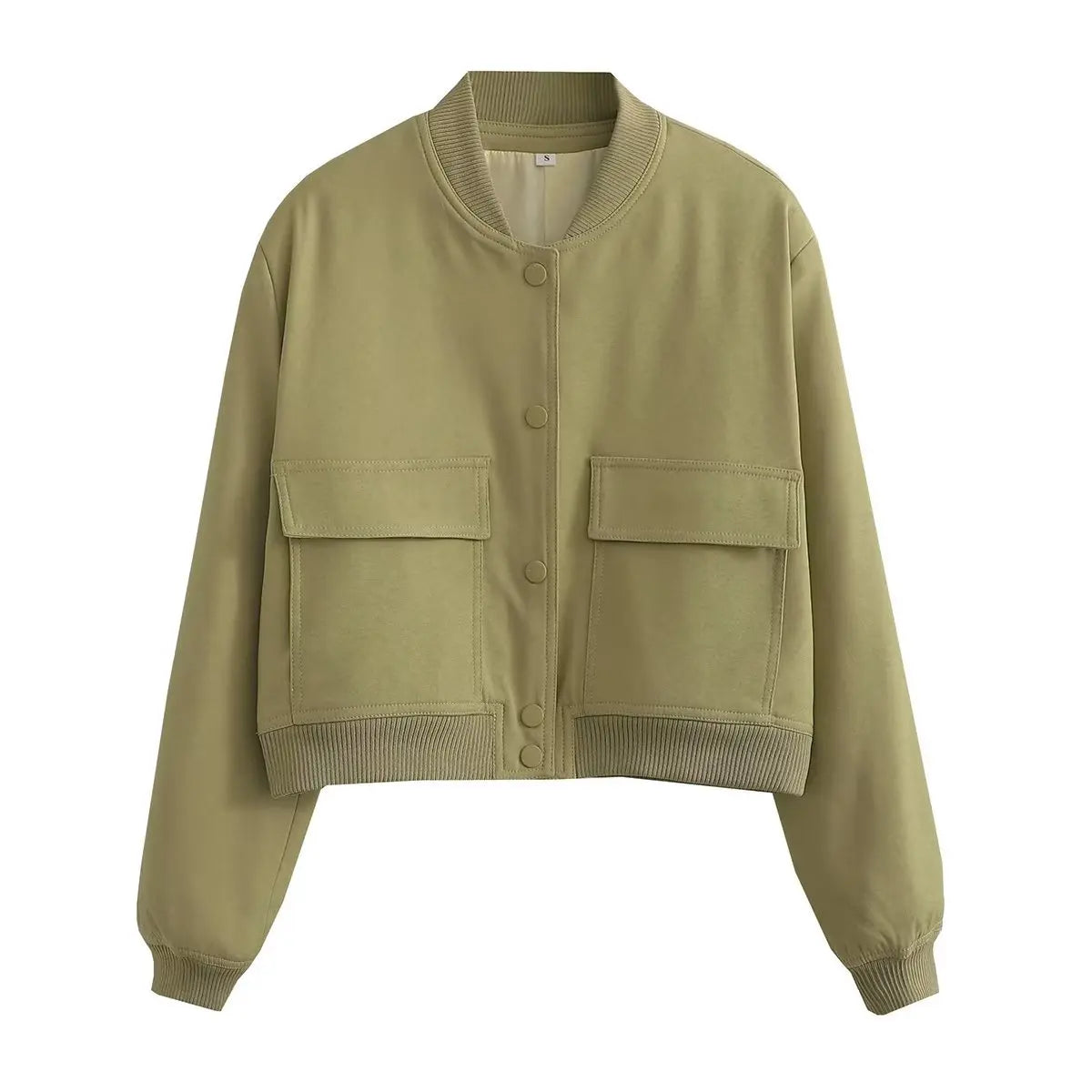 Women Bomber Jacket - Solid V Neck Single Breasted Polyester Coat With Pockets