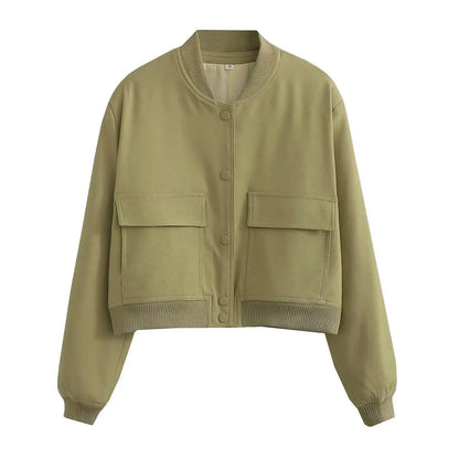 Women Bomber Jacket - Solid V Neck Single Breasted Polyester Coat With Pockets