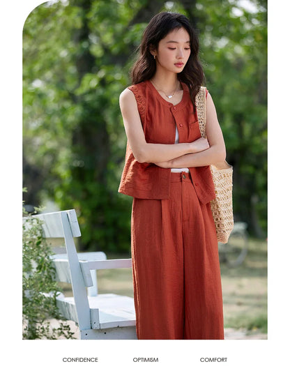 VIMLY Linen Blend Pant Set Two Piece Old Money Style Woman Summer Outfits 2026 Sleeveless Vest Wide Legs Pants Lady Suit A0820