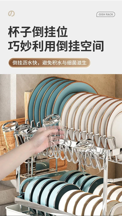 Stainless Steel 2 Tier Dish Rack Adjustable Countertop Organizer Bowl Drainer Multifunctional Kitchen Utensil Storage Holder Hom